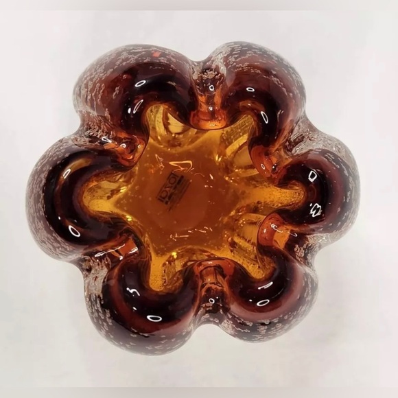 Tozai Amber Ruffled Bubble Glass Vase Hand Blown Candle Holder Murano Style - Picture 3 of 4